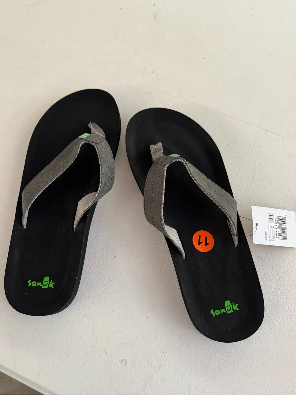 Sanuk Black and Gray Men's Canvas Strap Flip Flops